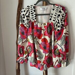 crosby. Cream Blouse with Pink & Red Floral Print & Black Polka-Dot Ruffle XS S